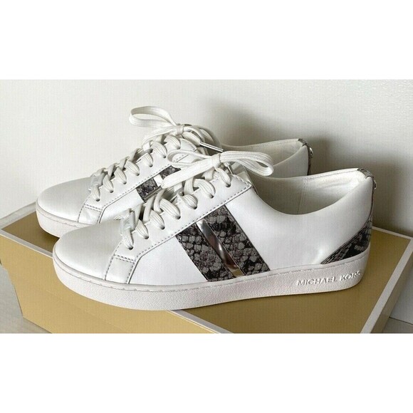 New Michael Kors Catelyn Stripe Lace up Nappa sneakers size 6 White Pearl Grey - Picture 1 of 9